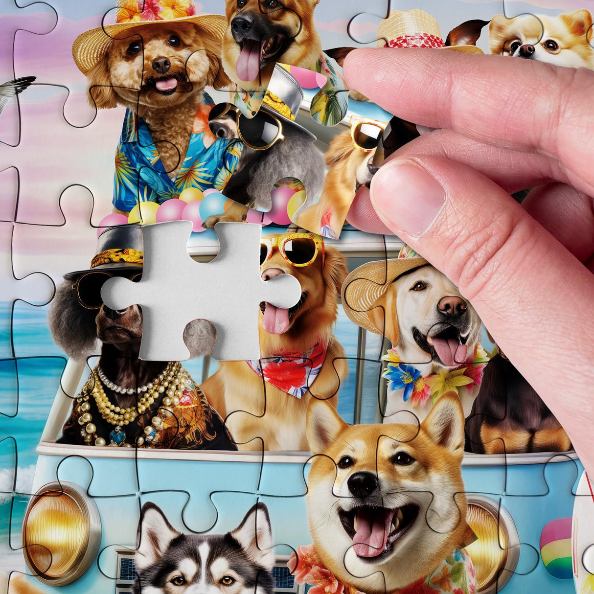 Funny Dog Puzzle Beach Dogs Puzzles 1000 Pieces for Adults, Animal Jigsaw Puzzles for Adults Vacation, Holiday Puppy Bulldog Jigsaw Puzzle Family Collage Puzzles as Home Decor BBOLDIN