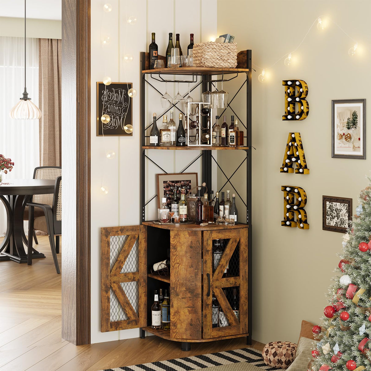 Corner Bar Cabinet with RGB LED Lights and Power Outlet, 63 Inch, 5-Tier Industrial Corner Wine Cabinet with Glass Holder, Corner Liquor Cabinet for Home, Bar Cabinet - Rustic Brown Pipleo