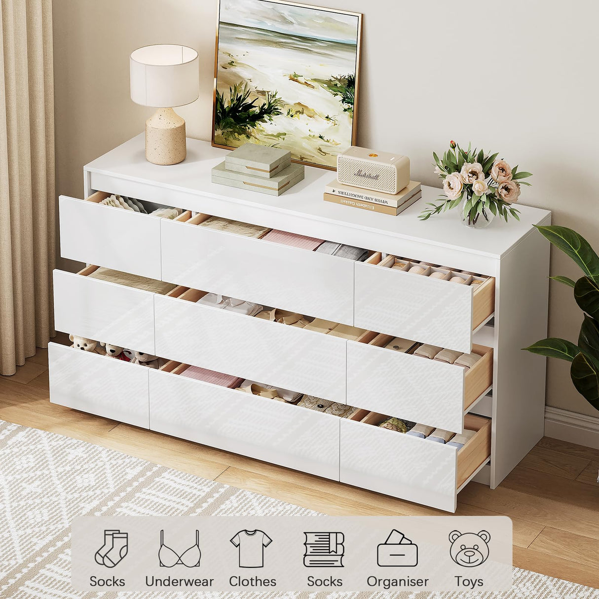 ZORPLIX White Dresser for Bedroom,60.4" W High Gloss Large 9 Drawers Dressers with Handle Free, Wide High Gloss Chest of Drawers Large, Long Modern Storage Drawer Dresser for Bedroom, Living Room ZORPLIX