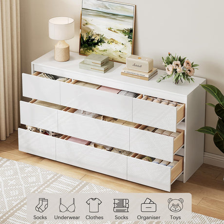 ZORPLIX White Dresser for Bedroom,60.4" W High Gloss Large 9 Drawers Dressers with Handle Free, Wide High Gloss Chest of Drawers Large, Long Modern Storage Drawer Dresser for Bedroom, Living Room ZORPLIX