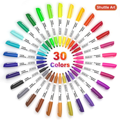 Shuttle Art 30 Colors Permanent Markers, Fine Point, Assorted Colors, Works on Plastic,Wood,Stone,Metal and Glass for Kids Adult Coloring Doodling Marking Shuttle Art