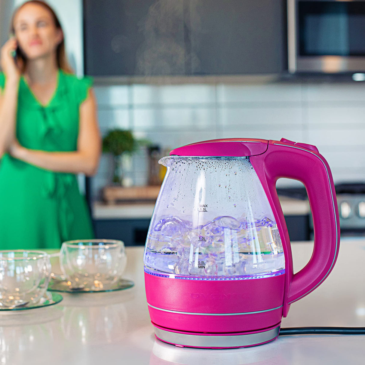 OVENTE Glass Electric Kettle Hot Water Boiler 1.5 Liter Borosilicate Glass Fast Boiling Countertop Heater - BPA Free Auto Shut Off Instant Water Heater Kettle for Coffee & Tea Maker - Pink KG83F OVENTE