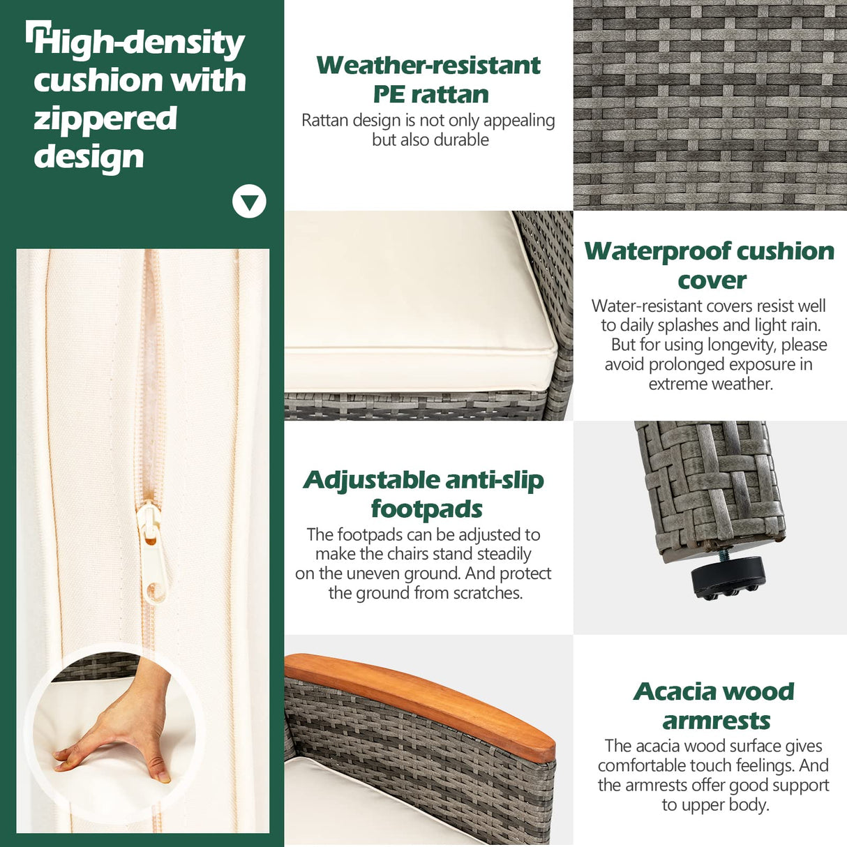 COSTWAY 7PCS Patio Rattan Dining Set Acacia Wood Table Cushioned Chair Mix Gray COSTWAY