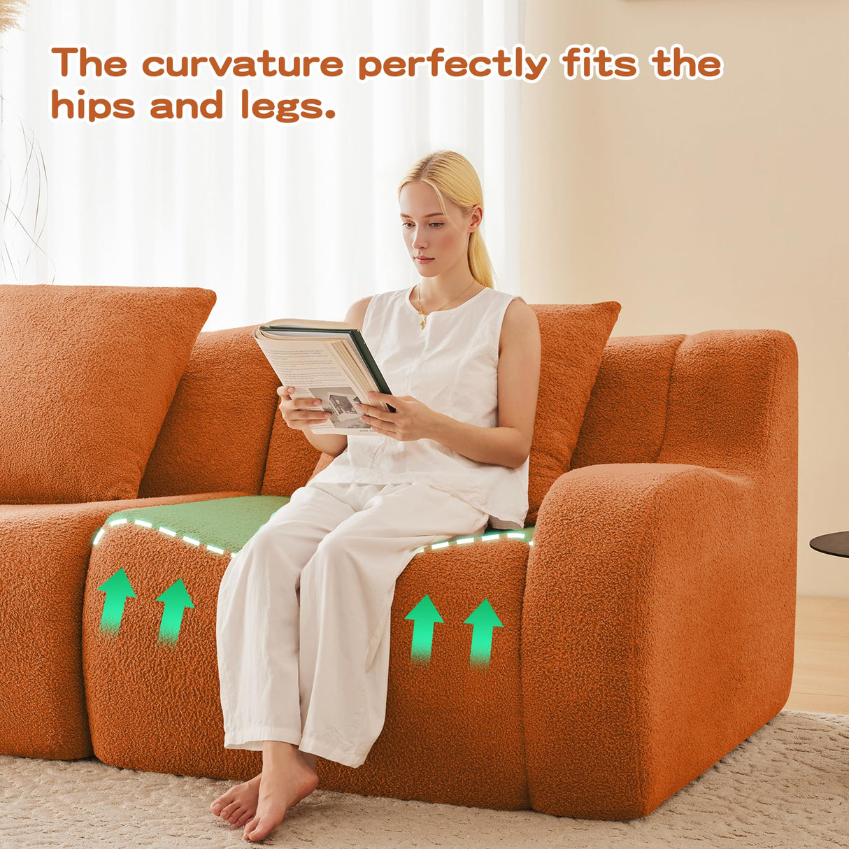 KEIKI 83" L-Shaped Teddy Modular Sectional Loveseat Sofa with 1 Ottoman & High-Density Foam Cushions & Curved Armrest & 2 Pillows, Streamlined Design Boneless 2-Seater Couch, for Living Room, Orange KEIKI