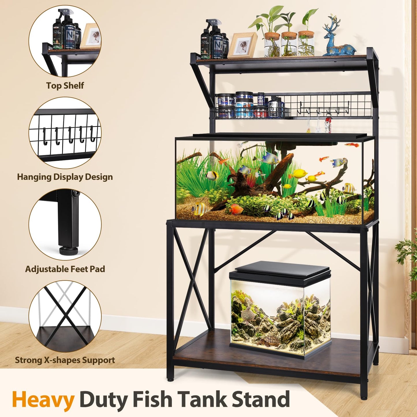 40 Gallon Fish Tank Stand, Vertical Three Tier Metal Aquarium Stand with Grid Wall Panel for Fish Tank Accessories Storage, Fits Aquarium, Turtle Tank, or Reptile Terrariums (Without Basket & Hooks)