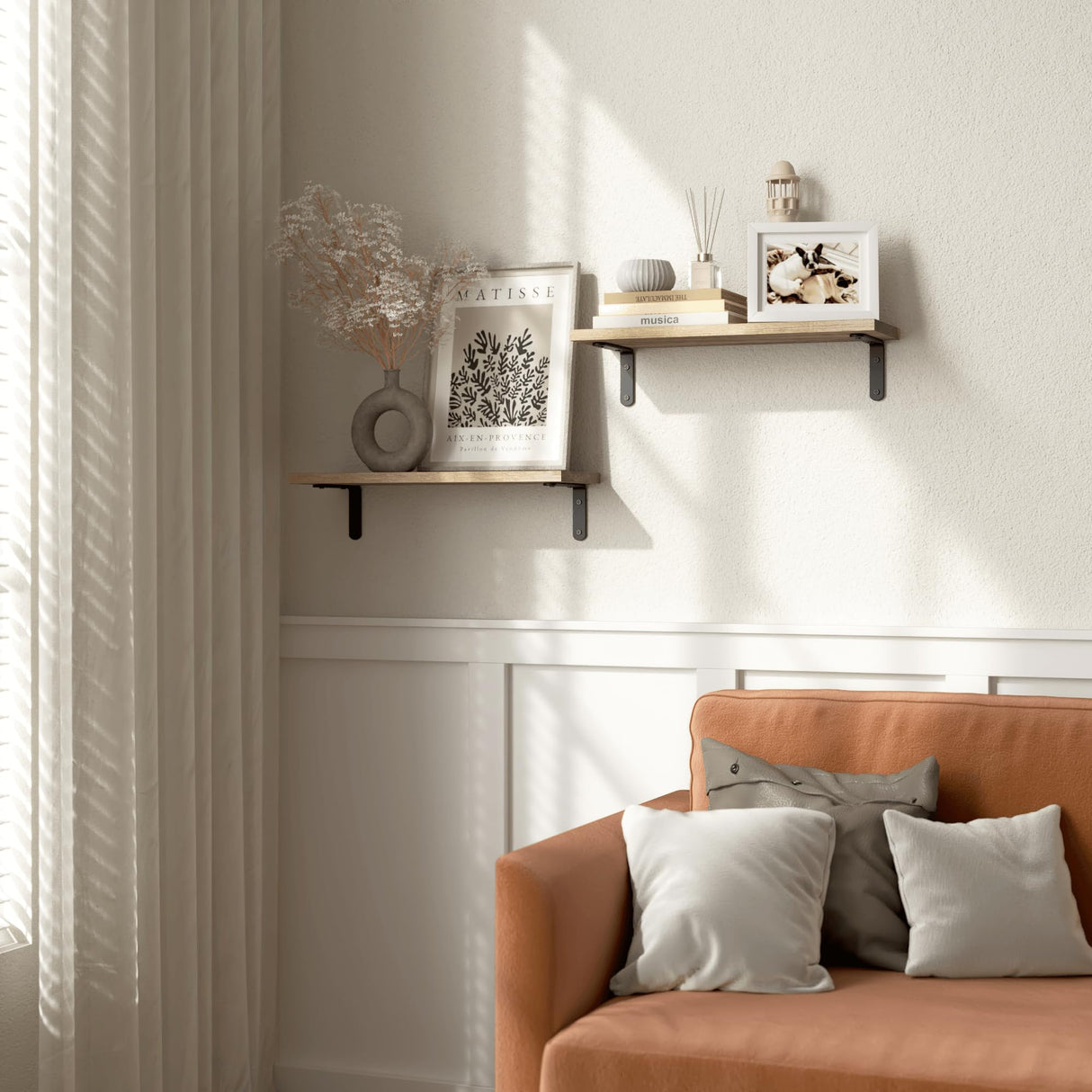 RICHER HOUSE Rustic Wood Shelves Set of 2, Farmhouse Style Floating Shelf for Wall Décor, Hanging Shelves for Bathroom, Bedroom, Storage, Kitchen, Living Room - Carbonized Black RICHER HOUSE