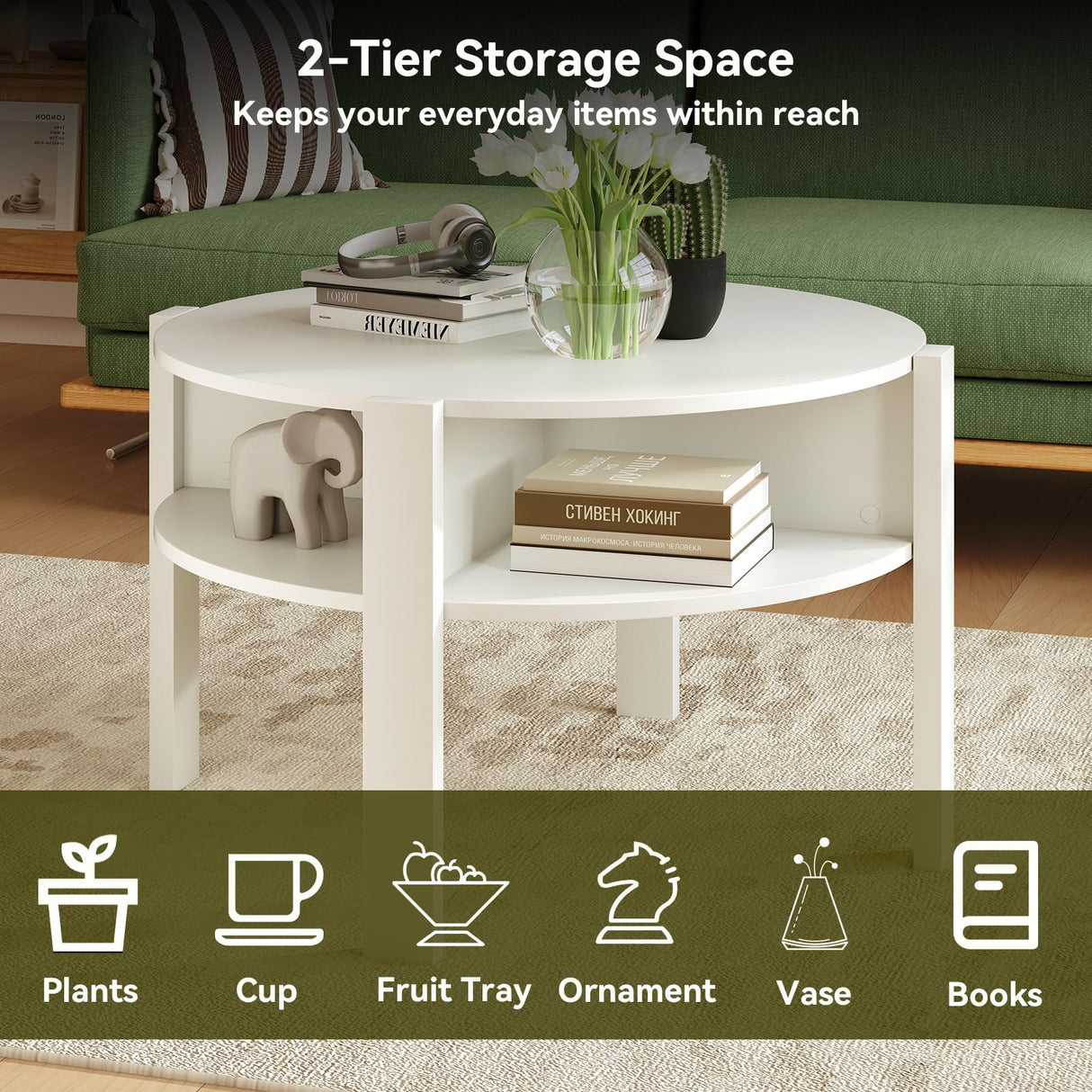 Giantex Round Coffee Table, 2-Tier Mid Century Modern Tea Cocktail Table with Storage Shelves & 4 Side Compartments, Wood Center Table for Living Room, Small Spaces (White) Giantex