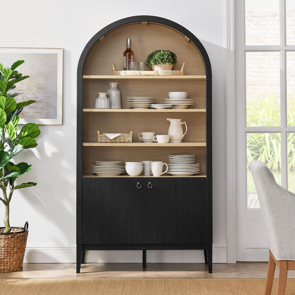 Modway Nolan Tall Arched Storage Display Cabinet in Black - 74 Inch Arch Bookshelf with Open and Closed Shelving - Modern Accent Cabinet for Living Room, Dining Room Modway