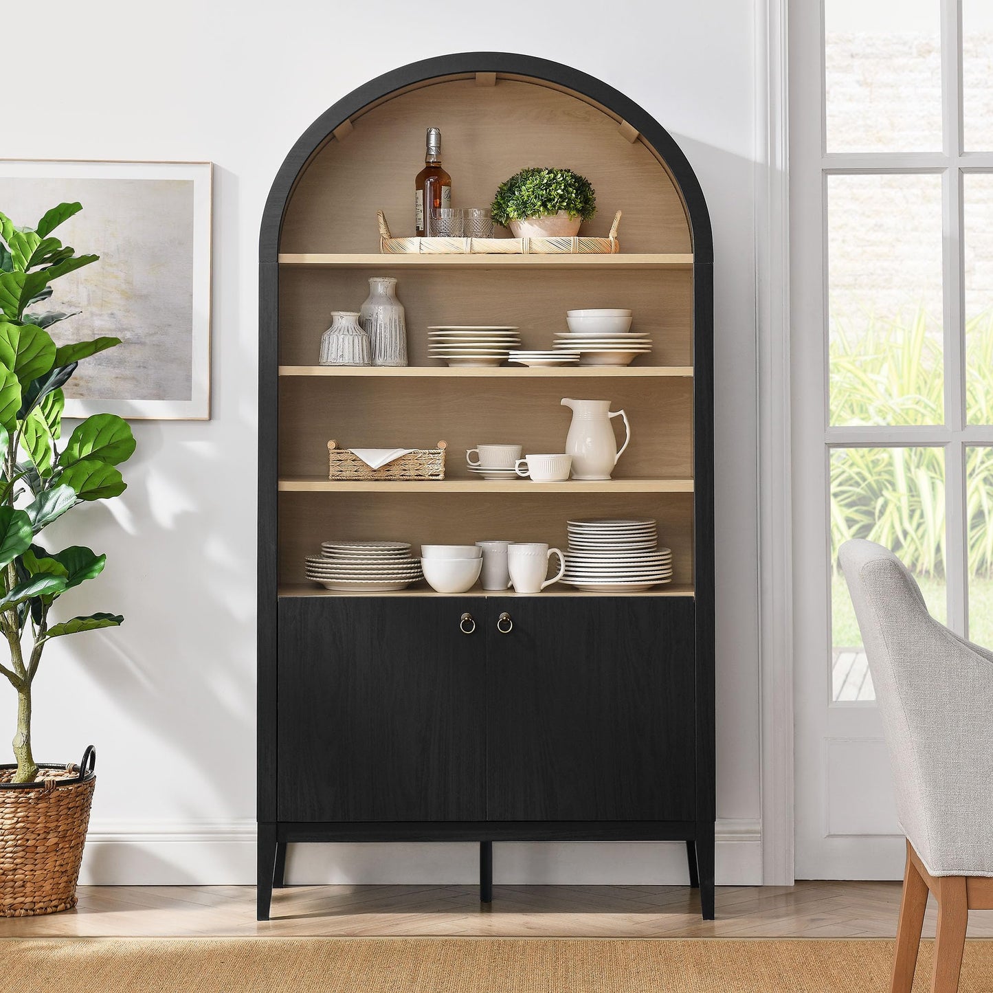 Modway Nolan Tall Arched Storage Display Cabinet in Black - 74 Inch Arch Bookshelf with Open and Closed Shelving - Modern Accent Cabinet for Living Room, Dining Room