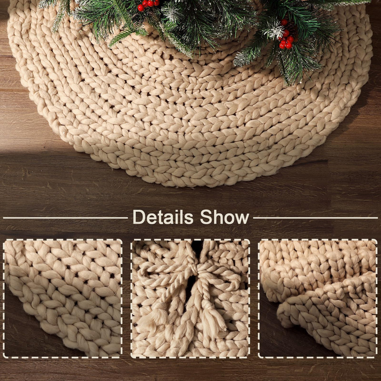 LimBridge Knitted Christmas Tree Skirt: 36 Inches Crochet Beige Tree Skirt, Chunky Knit Thick Rustic Christmas Tree Decorations, Farmhouse Christmas Decor Xmas Holiday Home Party Decorations LimBridge