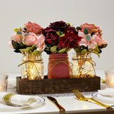 Nagobi Christmas Mason Jar Centerpiece Table Decor for Dining Room Farmhouse Coffee Table Decor with Wood Tray Fairy Lights Fake Flowers for Kitchen Living Dining Room - Burgundy Pink, 11 inches Nagobi