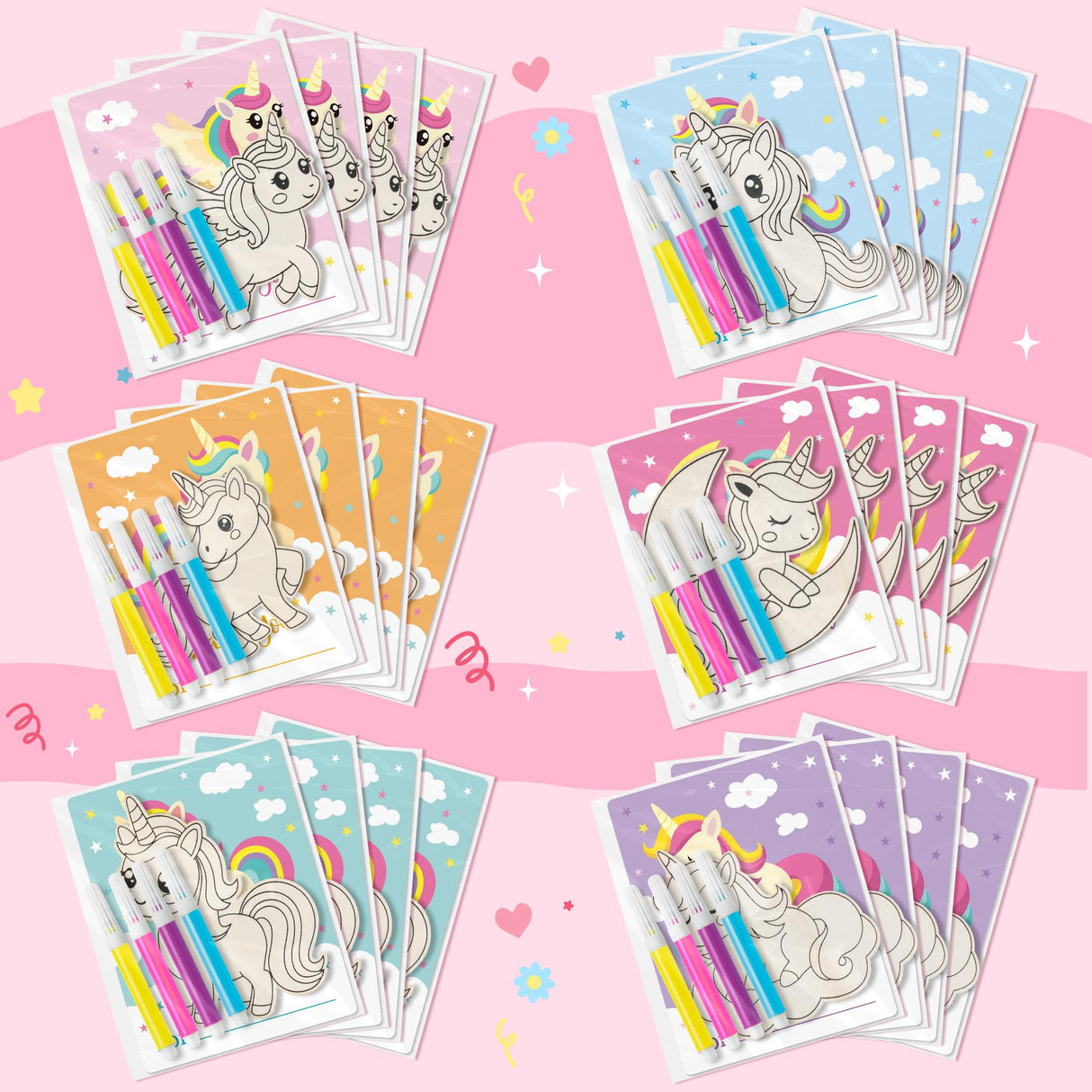 WATINC Wooden Painting Mother's Day Thank You Gifts - 24Pcs Unfinished Blank Wooden Cutouts for Kids, 6 Styles Wood Cutouts Ornament with Thanks Cards,DIY Your Own Party Favors Set (Unicorn WATINC