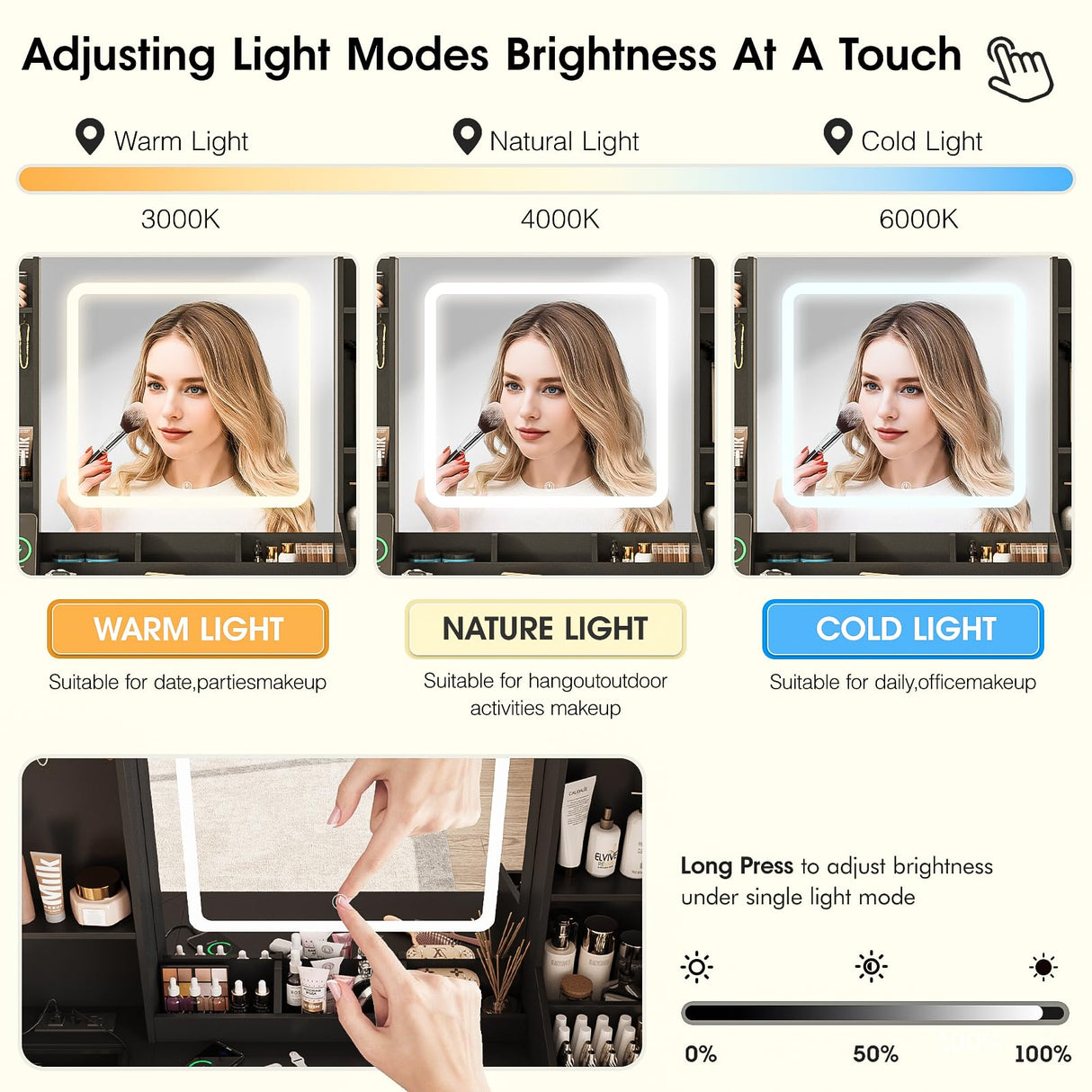 Vabches Vanity Desk with Lights, Makeup Vanity Table with Charging Station, 44.9in Big Vanity Set with 5 Drawers & Lots Storage Space, Black Vabches