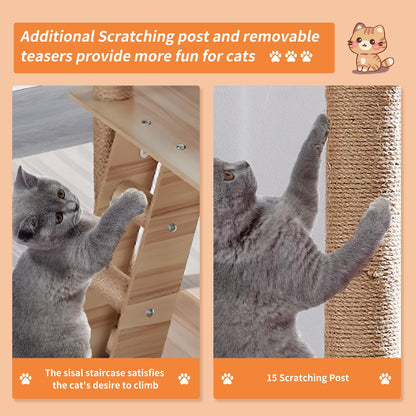 Oceskyha Cat Tree, Modern Cat Tree Tower for Indoor Cats - 67" Tall Wood Condo with Hammock, Scratching Post and Toy for Small Large Cats (Natural Color 01) - WoodArtSupply