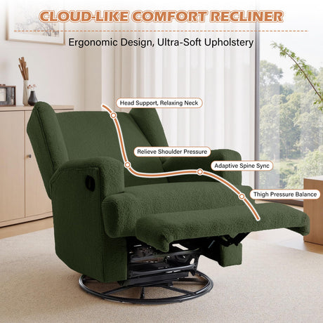 UIXE Swivel Glider Recliner Chair for Adults, Boucle High Back Accent Chair Nursery Rocker for Living Room, Upholstered Manual Reclining Sofa Seating with Deep Seat - Green UIXE