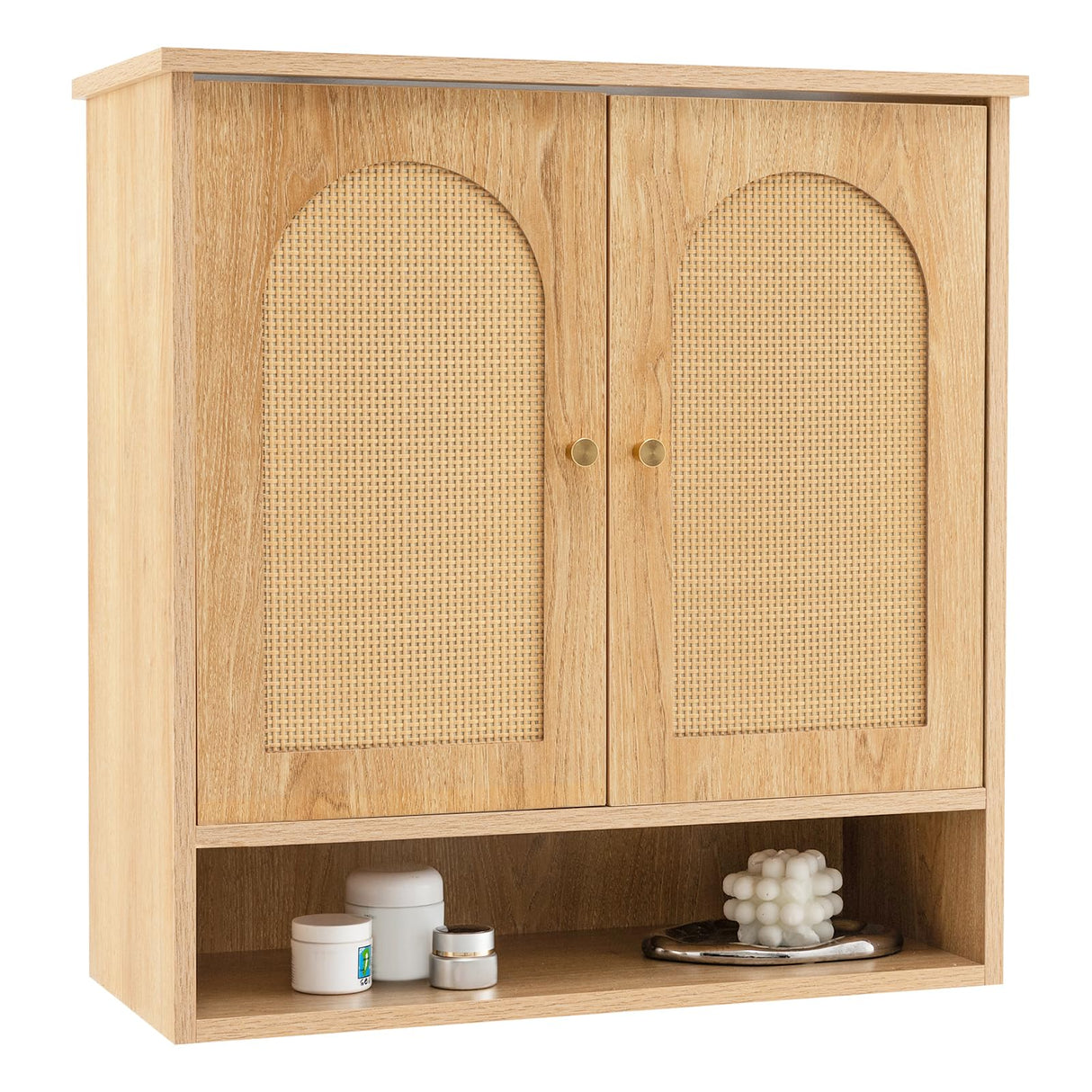Tangkula Medicine Cabinet w/ 2 Rattan Doors, Wall Mounted Bathroom Cabinet Over The Toilet, Hanging Wall Storage Cabinet Cupboard for Laundry Room Kitchen Entryway (No Back, Natural) Tangkula