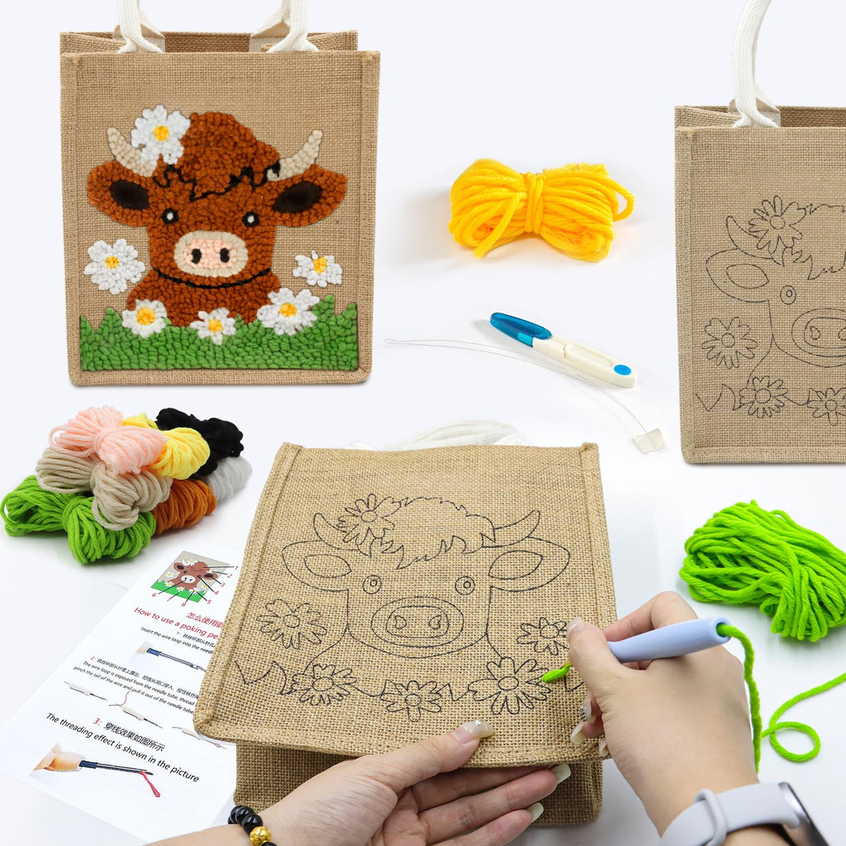 PUNICA Punch Needle Kits for Beginners with Highland Cow Pattern - Burlap Tote Bag for Adults & Kids, DIY Embroidery Starter Kit | Easy Craft Gifts (9x6.5x8.5 Inch) PUNICA
