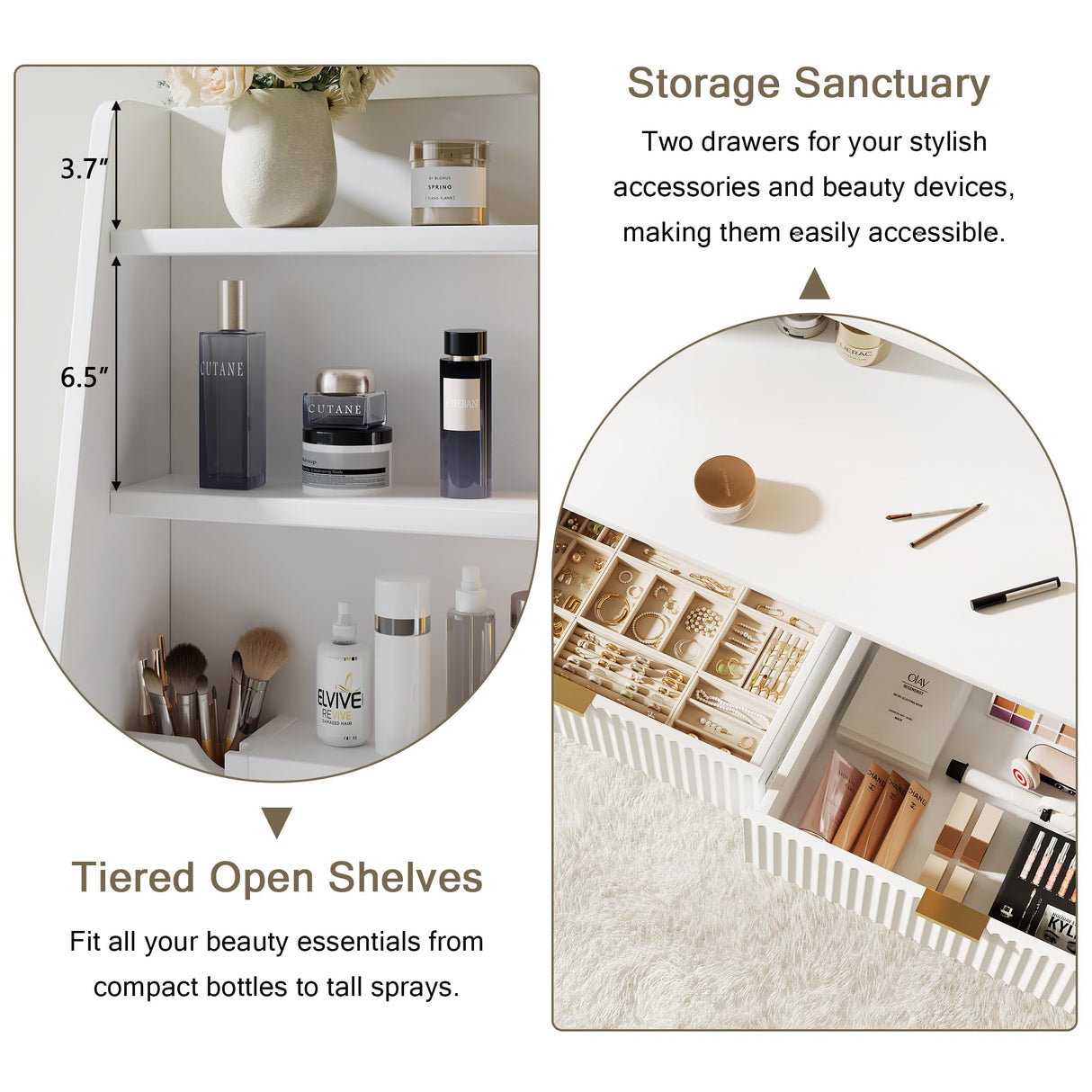 Einhomn Vanity Desk with Mirror & LED Lights, Fluted Makeup Table Set with Power Outlet & Hair Dryer Rack, Modern Dressing Table with Drawers & Adjustable Shelves, Cushioned Stool for Bedroom, White Einhomn