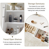 Einhomn Vanity Desk with Mirror & LED Lights, Fluted Makeup Table Set with Power Outlet & Hair Dryer Rack, Modern Dressing Table with Drawers & Adjustable Shelves, Cushioned Stool for Bedroom, White Einhomn