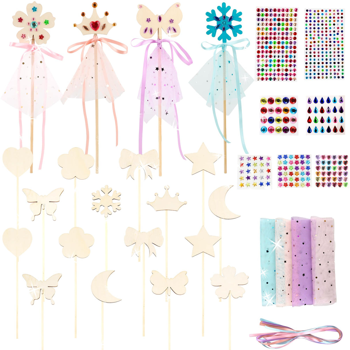 67 Pcs Make Your Own Princess Wand Kit Include 20 Pcs Wooden DIY Fairy Wand 20 Pcs Ribbons and 20 Mesh with 7 Pcs Gem Stickers for Kids Halloween Cosplay Accessories DIY Art Craft Making Plukeen
