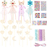 67 Pcs Make Your Own Princess Wand Kit Include 20 Pcs Wooden DIY Fairy Wand 20 Pcs Ribbons and 20 Mesh with 7 Pcs Gem Stickers for Kids Halloween Cosplay Accessories DIY Art Craft Making Plukeen