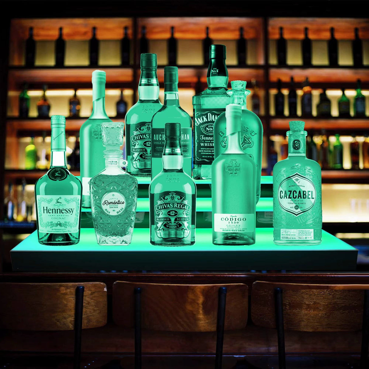 Royxen LED Lighted Liquor Bottle Shelf 3 Tier, 24 Inch Bar Shelf with Remote, Bottle Stand Multicolor Lighting Modes for Bars Royxen