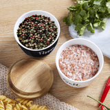 DAYYET Salt and Pepper Bowls, 10 oz Salt Cellar with Lid, Stacked Ceramic Salt Pepper Container with Acacia Wood Lid, Salt Box for Countertop, Black and White Kitchen Decor, Set of 2 DAYYET