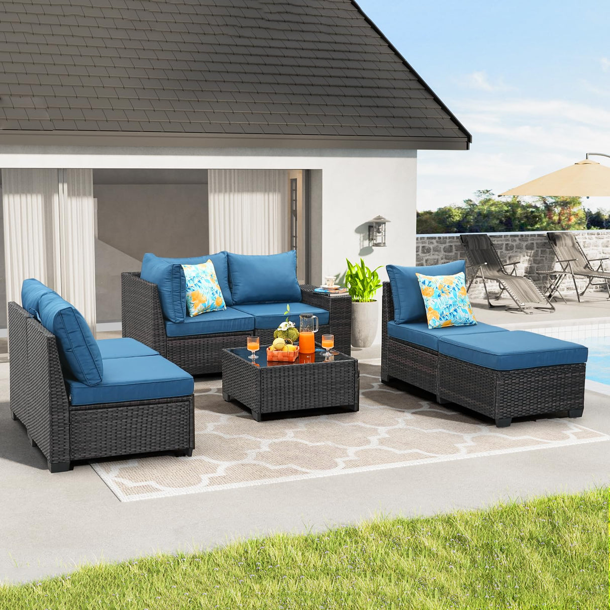 TerraRelax Patio Furniture Set 7 Pieces All Weather Patio Conversation Sets Wicker PE Rattan Outdoor Sectional Couch Sofa Set with Cushion Ottoman Table for Garden, Backyard, Poolside Peacock Blue TerraRelax