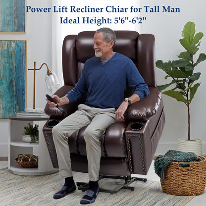 Large Power Lift Chairs Recliners for Elderly with Heated and Massage, Overstuffed Adjustable Lift Chairs, 3 Positions, Breathable Leather, USB-A and USB-C, Cup Holder, Side Pocket Dark Brown