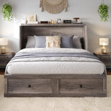 LUXOAK Murphy Bed Queen Size Cabinet Bed with Charging Station, Large Storage Drawer for Home Office or Small Room, Hideaway Bed Full Foldable Platform Bed, Rustic Grey LUXOAK