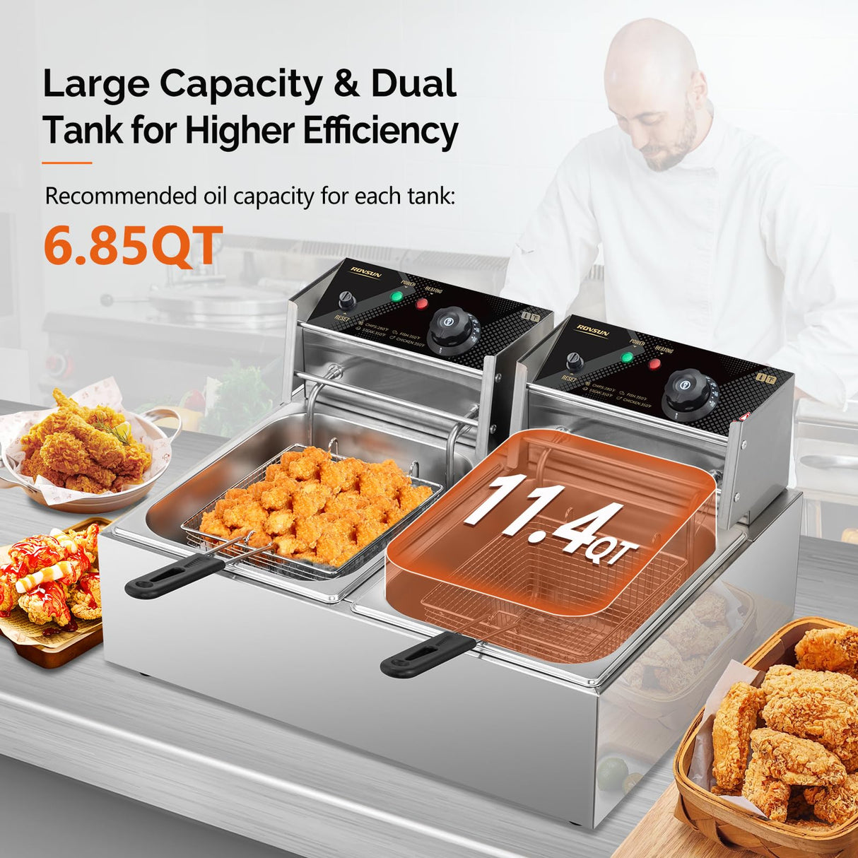 ROVSUN 22.8QT/21.6L Electric Deep Fryer, Countertop Commercial Stainless Steel Dual Tank Kitchen Fat Fryer Frying Machine w/Baskets Lids for French Fries Donuts, Adjustable Temp, 3400W ROVSUN