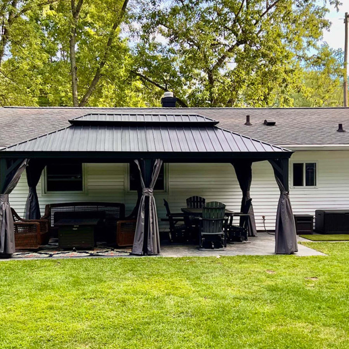 Domi 12' x 20' Hardtop Gazebo Permanent Metal Gazebo with Galvanized Steel Double Roof, Curtains and Netting for Patio, Backyard, Deck, Lawn, Grey domi outdoor living