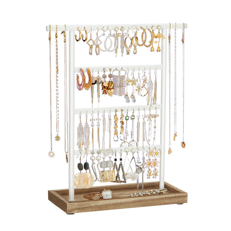 SONGMICS Jewelry Organizer, 4-Tier Earring Holder Organizer Stand with Base Tray, for Studs and Necklaces, Vintage, Wood Color and White UJJS019W01 SONGMICS