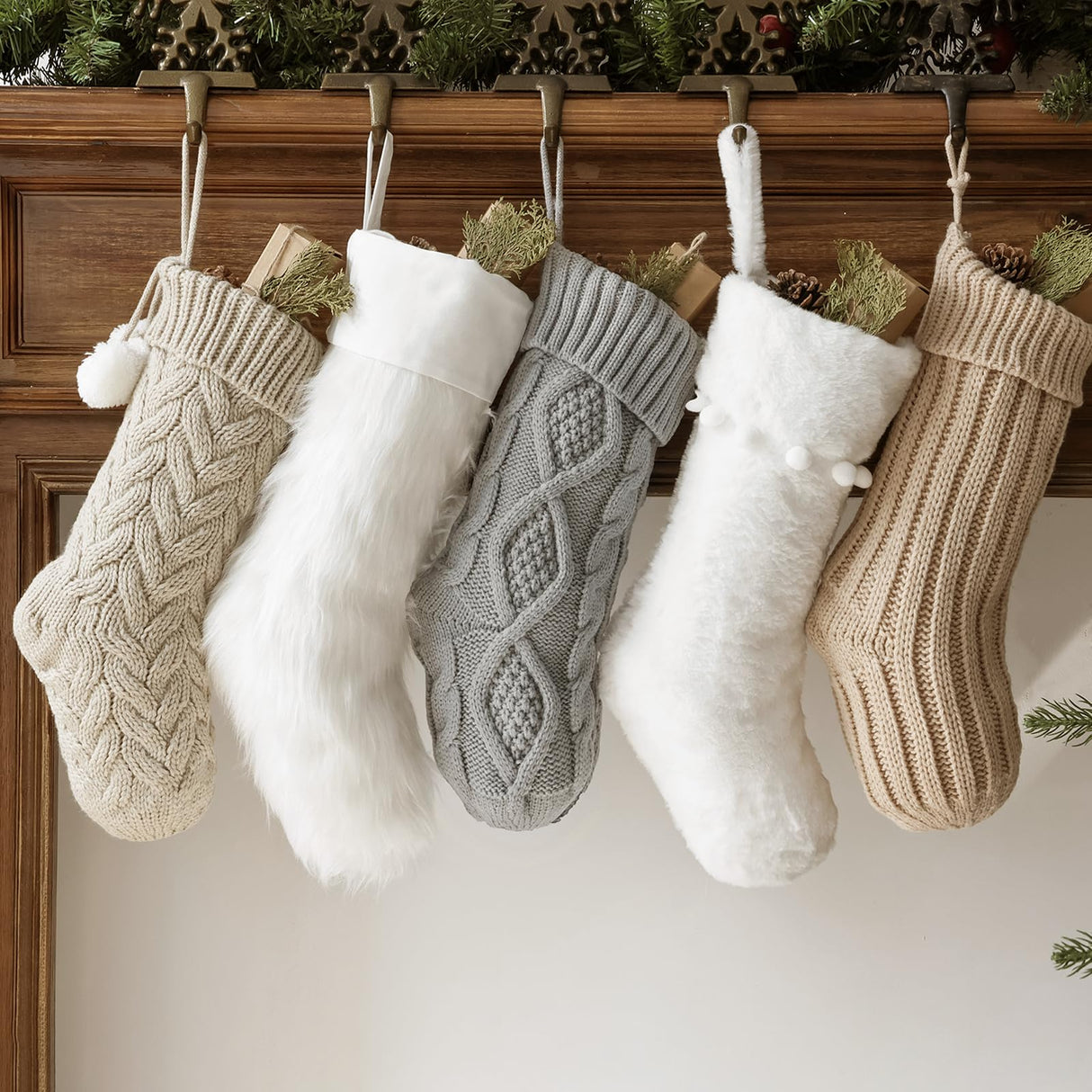 Pawliss Christmas Stockings: 5 Pack Farmhouse Plush Faux Fur & Cable Knitted Fireplace Xmas Stockings, Hanging Gifts Cozy Personalized Stocking Decorations for Family Holiday Décor, White Gray Beige Pawliss
