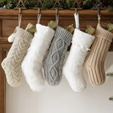 Pawliss Christmas Stockings: 5 Pack Farmhouse Plush Faux Fur & Cable Knitted Fireplace Xmas Stockings, Hanging Gifts Cozy Personalized Stocking Decorations for Family Holiday Décor, White Gray Beige Pawliss