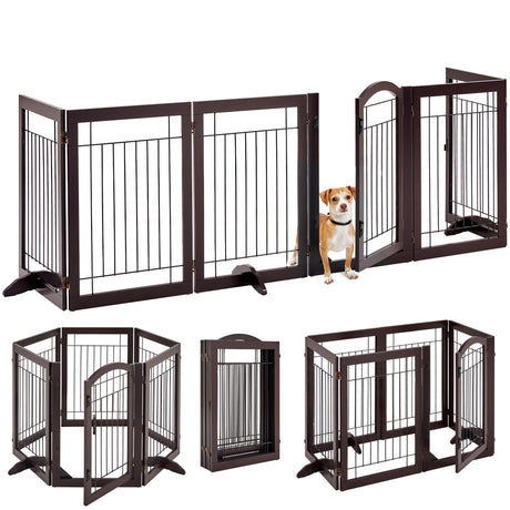 Yaheetech 32-inch Tall Dog Gate with Door Extra Wide Pet Gate for Dogs, Foldable Wire & Wooden Puppy Safety Fence w/3 Support Feet,Freestanding Dog Gate for the House,Doorway,Stairs(Espresso,6 Panels) Yaheetech