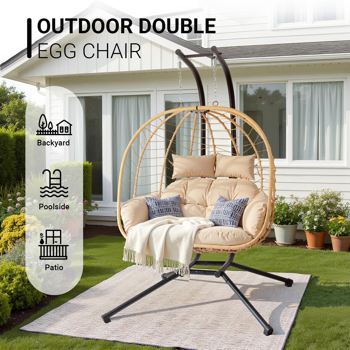 Double Egg Chair with Stand, Patio Wicker Hanging Swing Egg Chair Thickened, Galvanized Pipe Steel Frame and UV Resistant Cushion for Bedroom Garden Indoor Outdoor, 440LBS Capacity (Natural Beige) JOINFUN