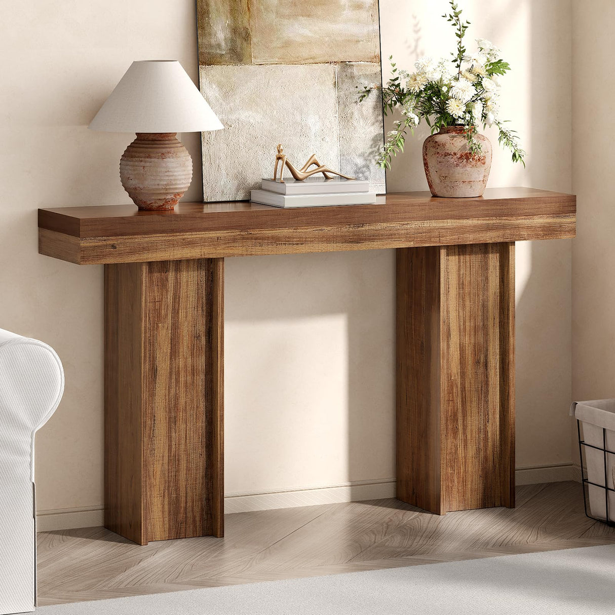 55Inch Farmhouse Console Table,Wooden Rectangular Sofa Table Behind The Couch,Entryway Console Table with Storage for Living Room, Hallway,Entrance (Light Brown) Tarnorci