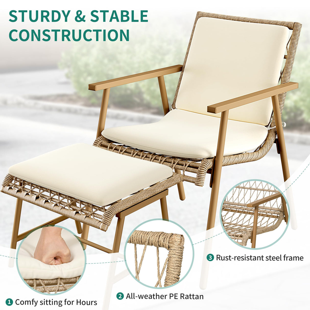 YITAHOME 5 Piece Patio Bistro Set, Outdoor Rattan Conversation Set with 2 Ottomans and Square Coffee Side Table, All Weather Wicker Boho Furniture Set for Balcony Lawn Garden Backyard Poolside (Beige) YITAHOME