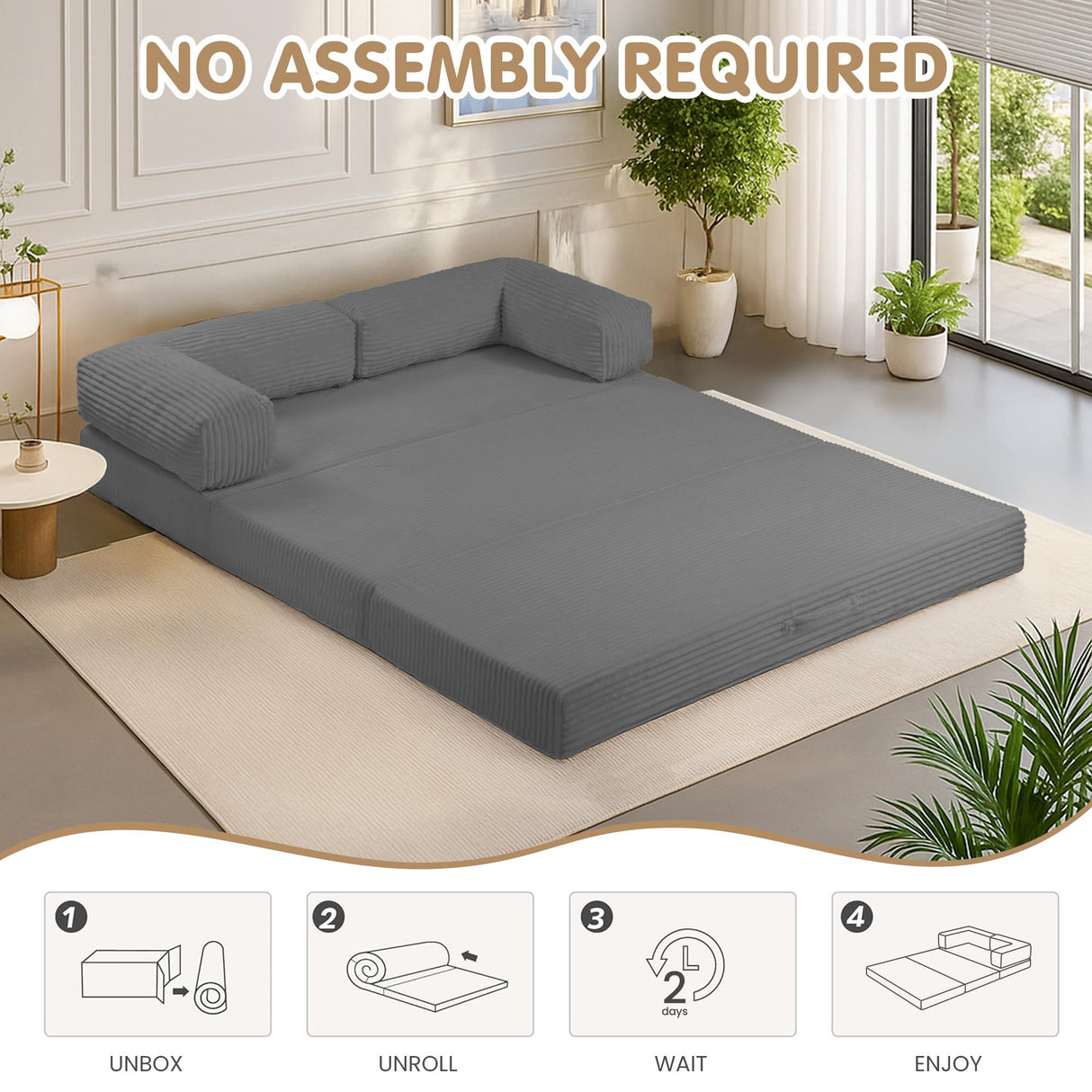 5-in-1 Convertible Sofa Bed Queen,Tri-Fold Mattress with Removable L-Shaped Armrests,Corduroy Boneless Couch Floor Sofa Futon Couch Sleeper with Pull Out Bed for Living Room Bedroom Apartment feliz home