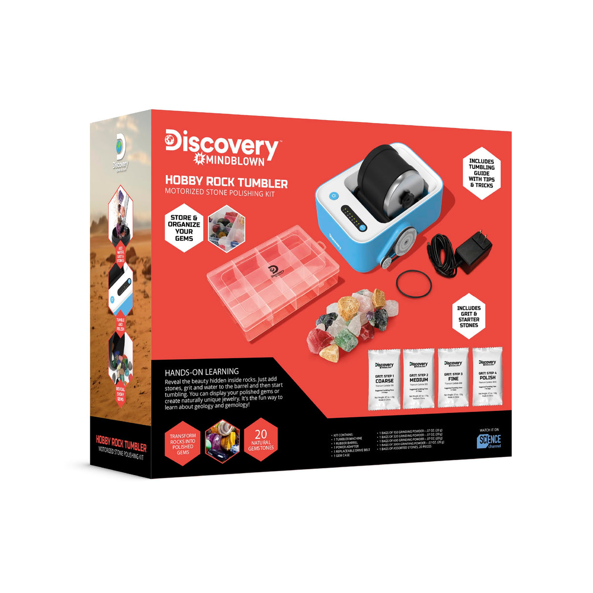 Discovery™ #MINDBLOWN Rock Tumbler Deluxe Set – Stone Polishing Kit with Rocks, 4 Grits, Gem Case| STEM Science Project Kit for Kids & Beginners| Fun Craft Kit Gift| Cool Toy for Boys & Girls Ages 8+ Discovery Kids
