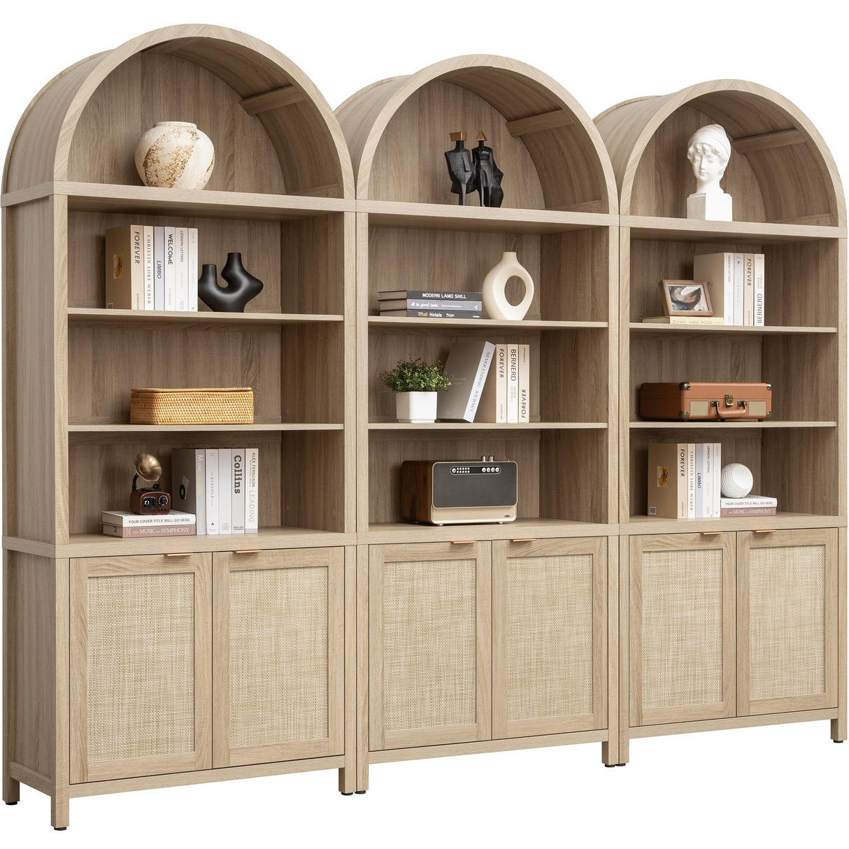 SICOTAS Book Shelf Arched Cabinet Bookshelf Arch 84.2" Tall Bookcase 5 Tier Large Bookshelves with Doors Storage Rattan Boho Wide Book Shelves Case for Living Room Kitchen Office Bedroom Library SICOTAS