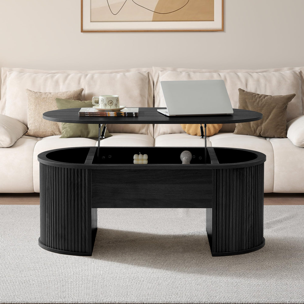 QHITTY Fluted Coffee Table with Lifting Top, Oval Wood Lift Top Coffee Table with Hidden Compartment, Mid Century Pull up Center Tables for Living Room, Office - Black QHITTY