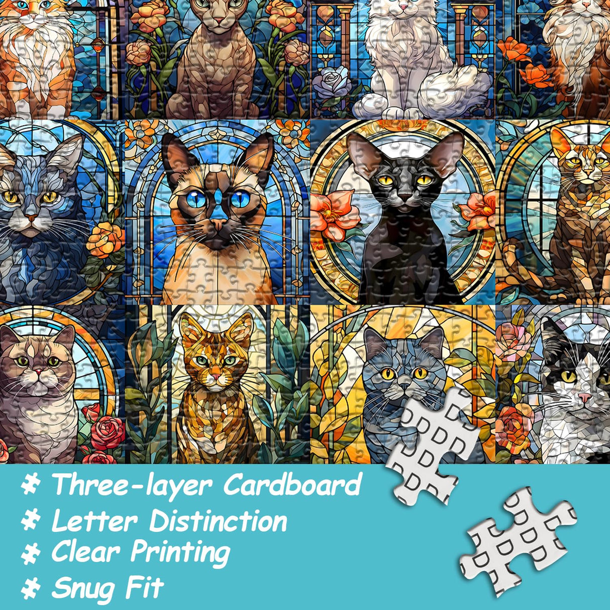PICKFORU Stained Glass Puzzles Cat Puzzles for Adults 1000 Pieces, Kitten Kitty Puzzles Collage Puzzles 1000 Pieces Hard, Impossible Challenging Jigsaw Puzzles,Colorful Mosaic Cats Puzzle PICKFORU