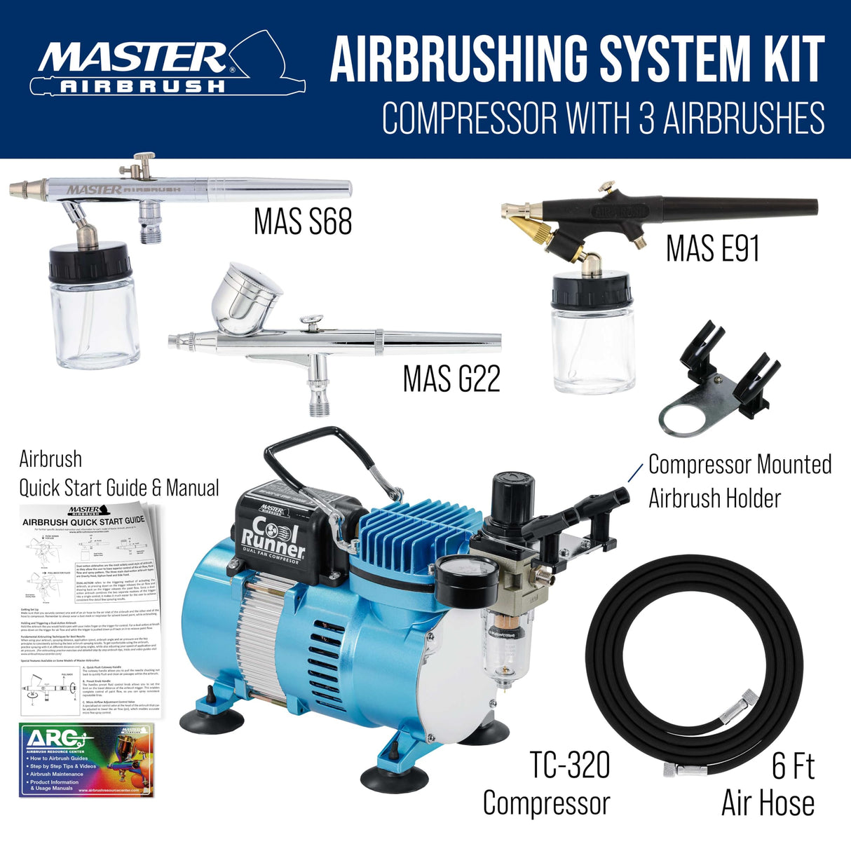 Master Airbrush Cool Runner II Dual Fan Airbrushing System Kit - Air Brush Kit with Air Compressor & 3 Airbrushes, 0.3 mm Gravity & 0.35, 0.8 mm Siphon Feed, Holder & Learning Guide Manual Master Airbrush