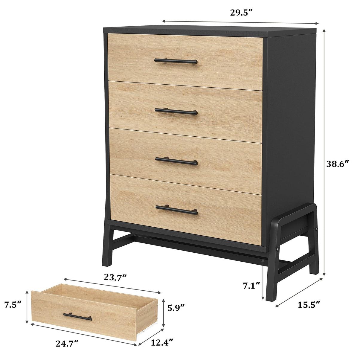GarveeHome 4 Drawer Dresser for Bedroom, 38.6" Tall Chest of Drawers, Freestanding Wooden Storage Dresser with Deep Drawers and Chic Legs for Closet, Living Room, Entryway, Natural+Black GarveeHome