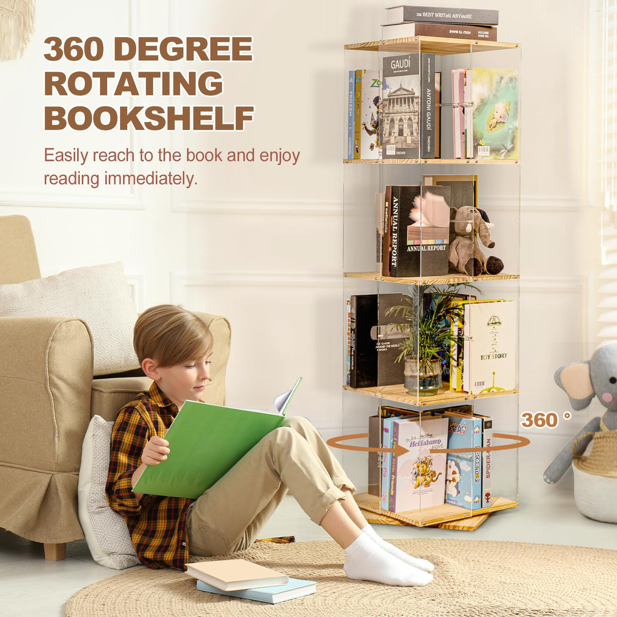 TAKEKIT 360° Rotating 4-Tier Bookshelf - Stylish Acrylic & Solid Wood Design for Kids' Playrooms, Bedrooms, and Living Rooms TAKEKIT
