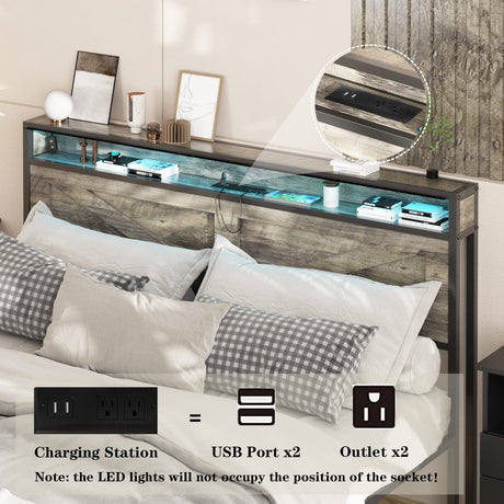 Halitaa King Size LED Bed Frame with Charging Station and Storage - Wash Grey Halitaa