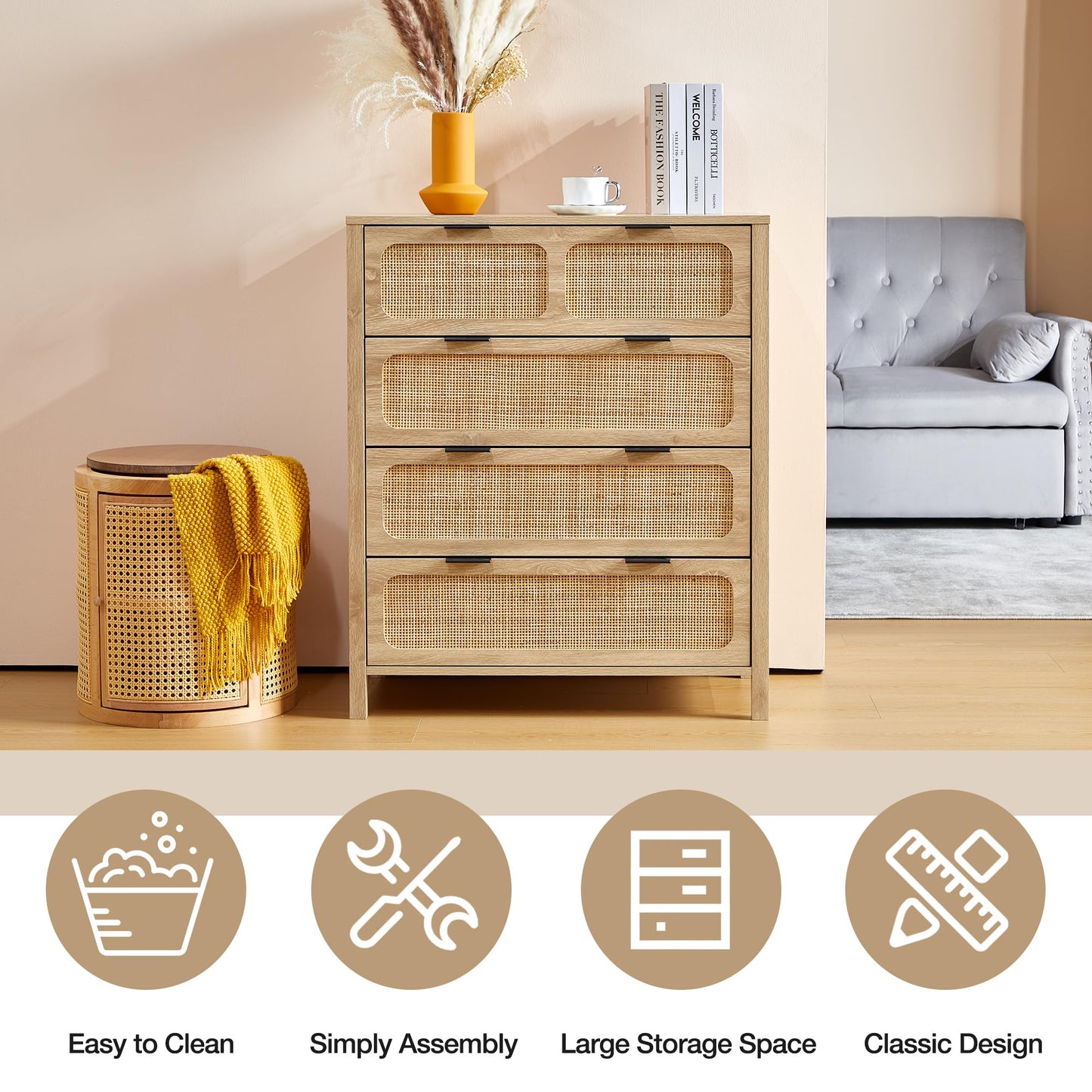 QEIUZON 4 Drawer Dresser, Modern Rattan Dresser Chest with Wide Drawers and Metal Handles, Farmhouse Wood Storage Chest of Drawers for Bedroom, Living Room, Hallway, Entryway (Natural-2 Packs - WoodArtSupply