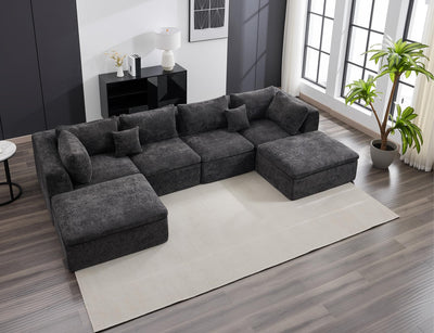 140" Cloud Sectional Couches for Living Room, Convertible U-Shape Boneless Couch with Ottoman, 4 Seater Modular Sectional Sofa, Off-Black